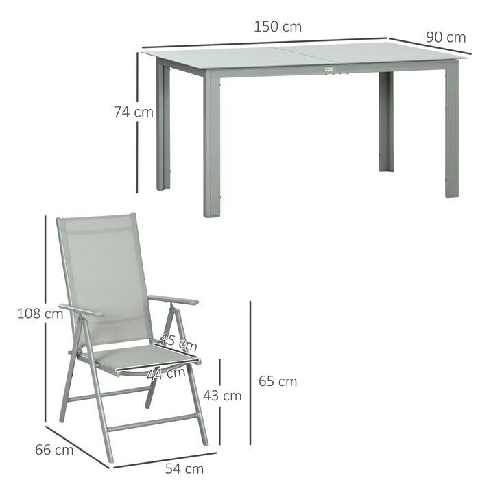 7 Piece Garden Dining Set - Aluminium Outdoor Table with Tempered Glass Top & 6 Foldable, Reclining Texteline Chairs - Perfect for Patio Entertainment and Relaxation