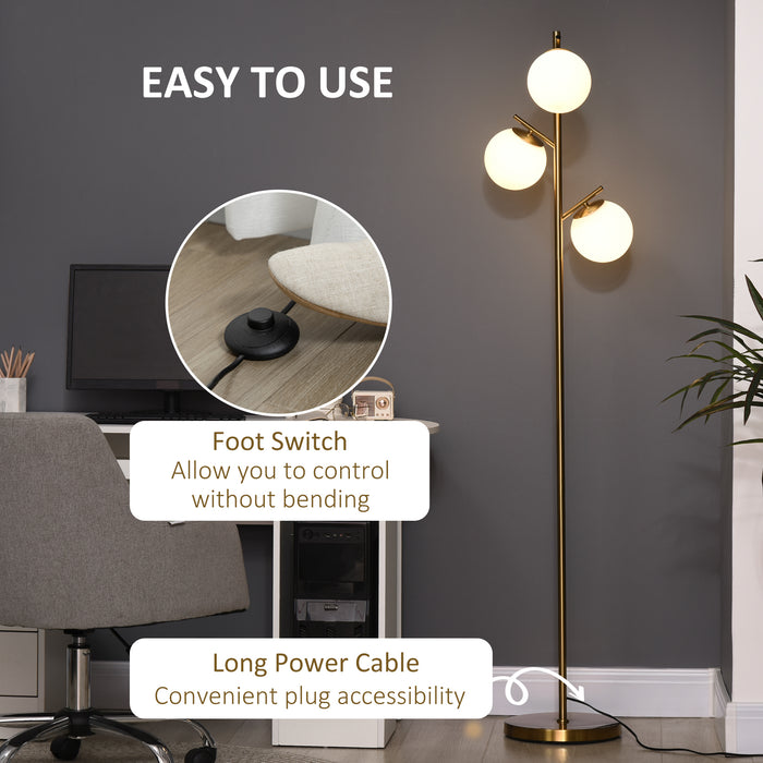 Contemporary 3-Light Tree Floor Lamp - Globe Lampshades, Steel Base, Gold Tone Finish - Stylish Illumination for Living Room and Bedroom