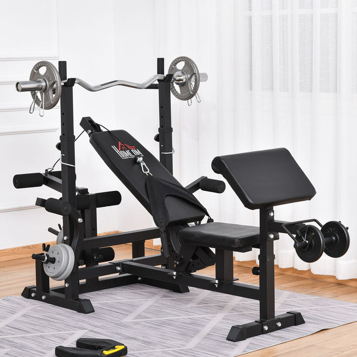 Multi-Exercise Workout Station - Full-Body Weight Rack, Bench Press, Leg Extension, Chest Fly, Resistance Band, Preacher Curl - Ideal for Home Gym and Fitness Enthusiasts