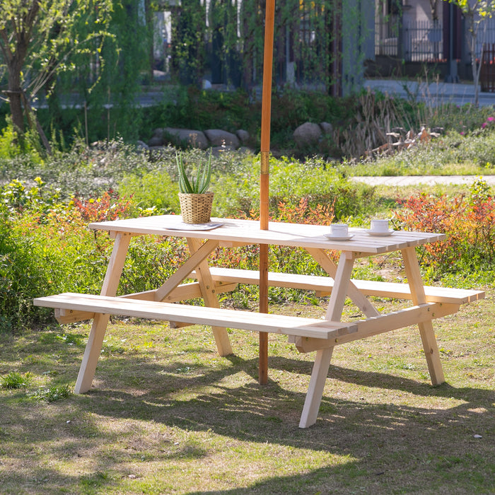 4 Seater Wooden Picnic Table - Outdoor Garden Patio Bench with Parasol Hole, 150cm - Perfect for Family Gatherings and Alfresco Dining