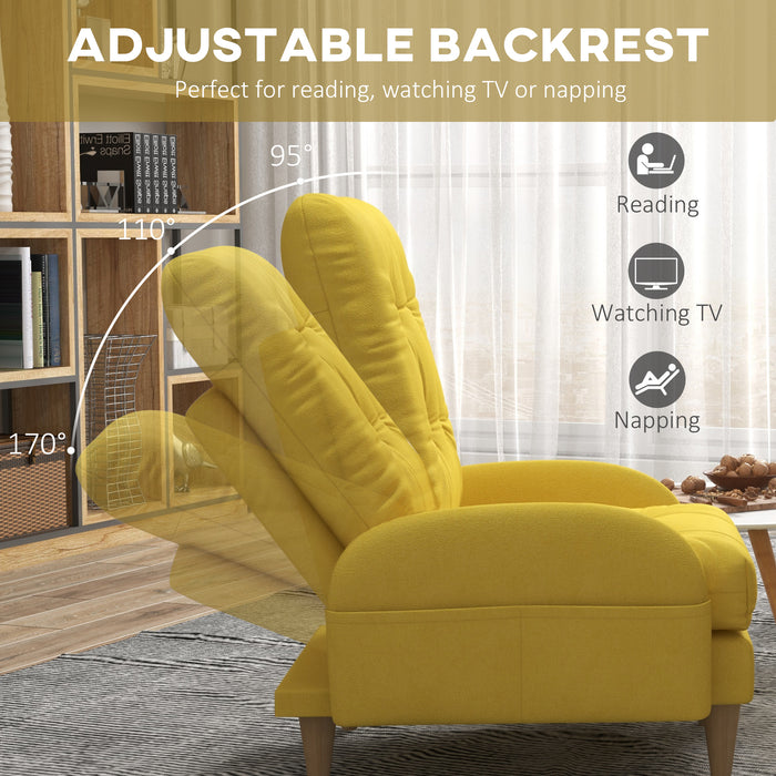 Modern Button-Tufted Upholstered Armchair and Footstool Combo - Adjustable Backrest, Side Pockets, Wood Legs, with Plush Cushions - Perfect for Relaxation and Contemporary Home Decor, Sunny Yellow