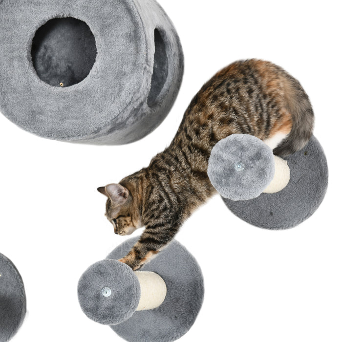 5Pcs Wall-Mounted Cat Tree Combo - Perch, Condo, and Scratching Post in Grey - Ideal for Indoor Cats' Play and Lounge