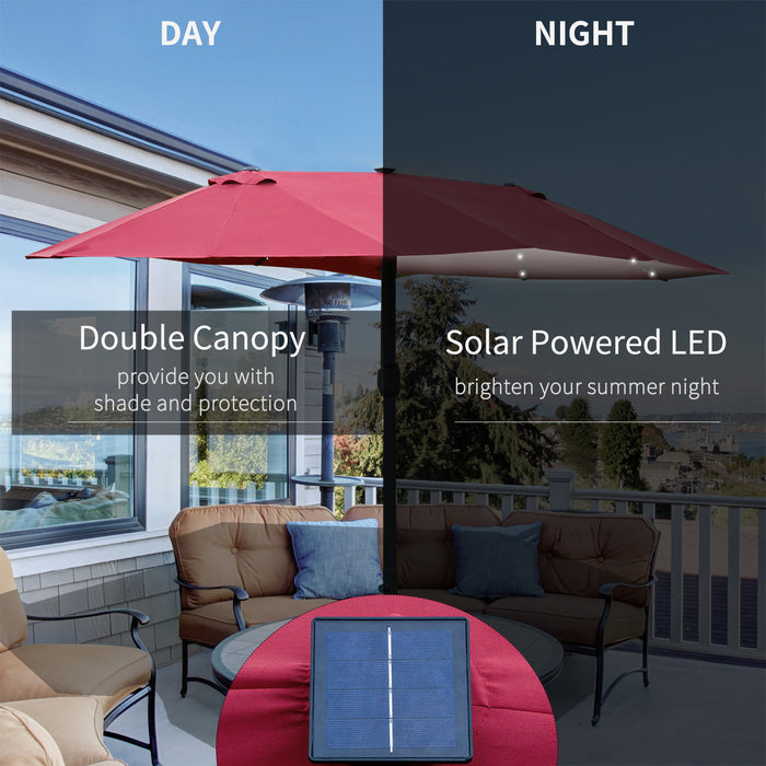 Double-Sided 4.4m Solar LED Outdoor Umbrella - Wine Red Sun Shade Parasol for Garden and Patio - Ideal for Day/Night Relaxation, Base Not Included