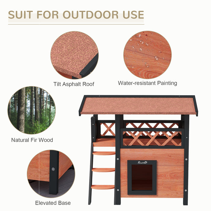 Outdoor Wooden Cat Shelter with Balcony and Stairs - Weatherproof Roof, Spacious 77x50x73cm, in Elegant Brown - Ideal for Feline Outdoor Living and Protection