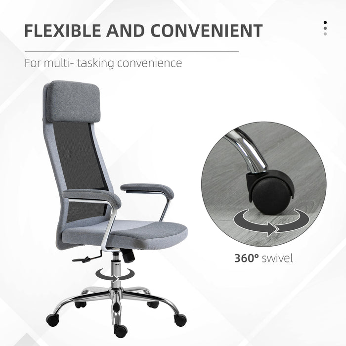 High-Back Linen-Feel Mesh Office Chair - Ergonomic Swivel Task Chair with Arms and Wheels - Comfortable Desk Seating for Home Office Use, Grey