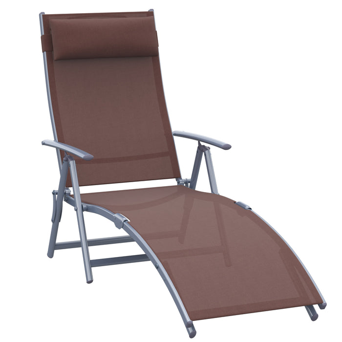 Adjustable Patio Recliner - Brown Texteline Sun Lounger with Folding Design and Pillow - Comfortable Outdoor Seating Solution for Relaxation