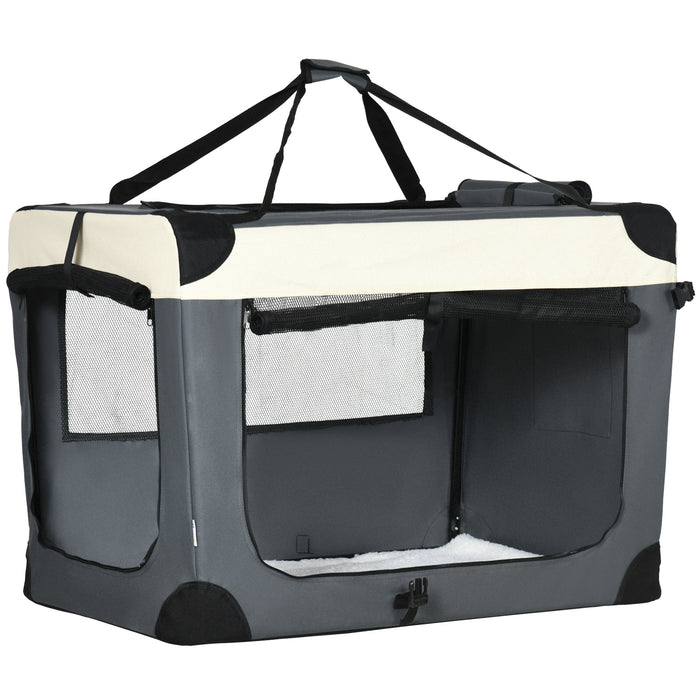 Foldable 91cm Pet Transport Crate with Cushion - Large Dog and Cat Carrier in Grey - Convenient Travel Solution for Pets