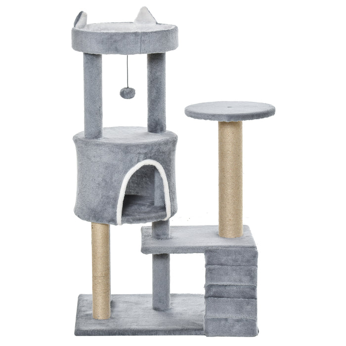 Cat Tree Tower Condo - 100cm Multi-Level Playhouse with Climbing Ladder, Scratching Post & Hanging Toy Ball - Ideal for Exercise and Relaxation for Cats in Light Grey