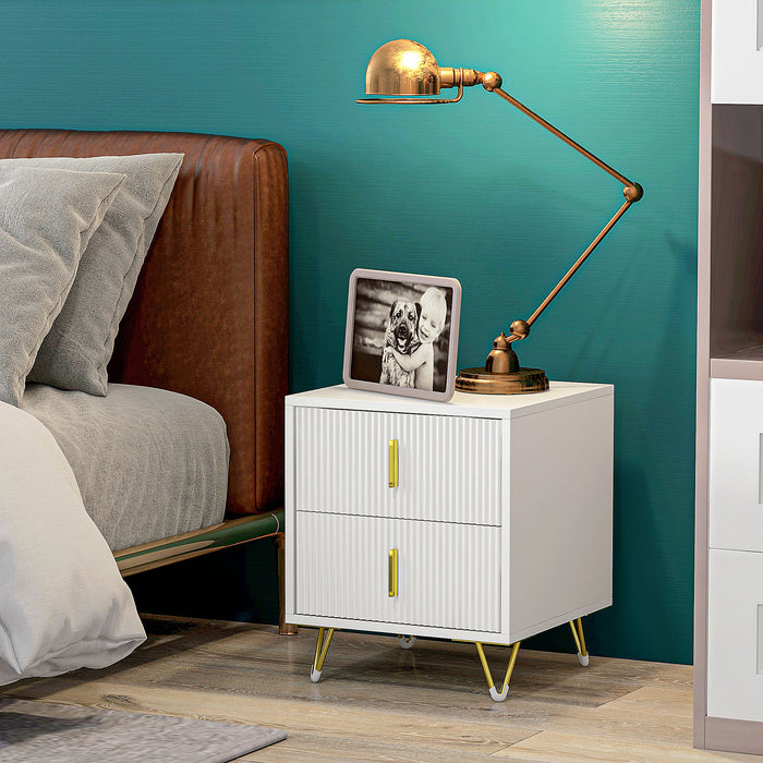 2-Drawer Bedside Table - Sleek White Nightstand with Sturdy Metal Frame - Ideal for Bedroom & Living Room Storage Solutions