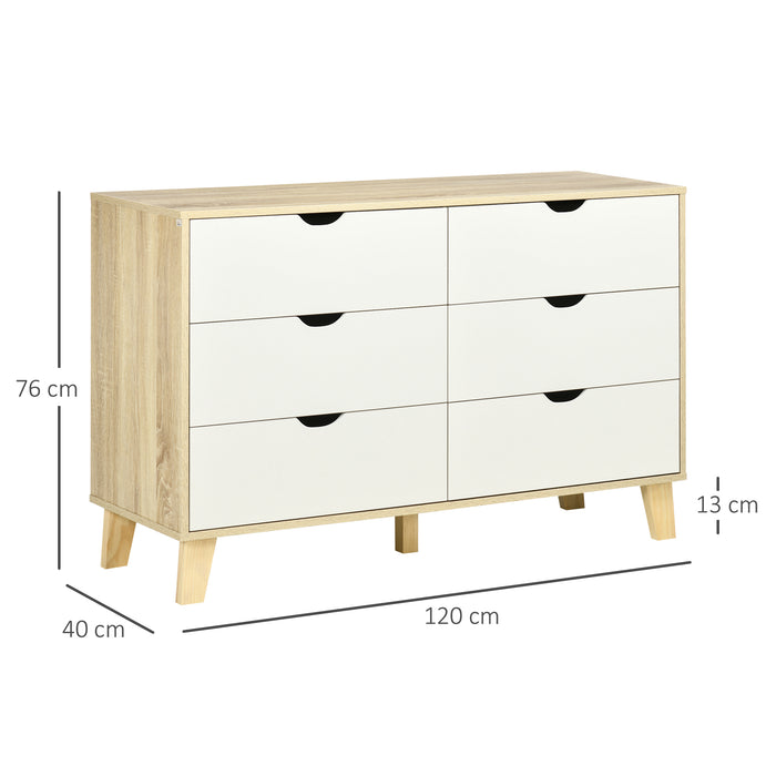 6-Drawer Wide Dresser - Bedroom & Living Room Storage Organizer with Wooden Legs - White & Light Brown Chest for Ample Space Management