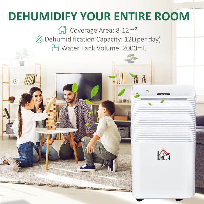 12L/Day Portable Quiet Dehumidifier - High-Efficiency 2000ML Electric Air De-Humidifier with 3 Modes - Ideal for Home Laundry, Bedroom, Basement Moisture Control