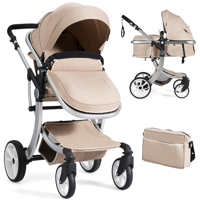 Foldable Baby Stroller with Accessories - 2 in 1 Design, Rain Cover & Mosquito Net, Beige - Perfect for Secure, Convenient Baby Transportation