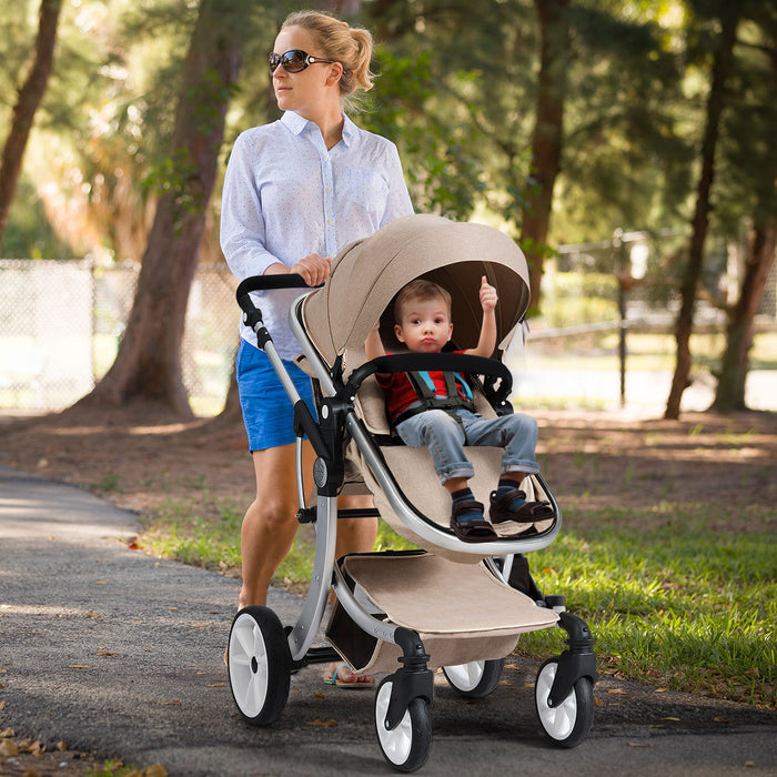 Foldable Baby Stroller with Accessories - 2 in 1 Design, Rain Cover & Mosquito Net, Beige - Perfect for Secure, Convenient Baby Transportation