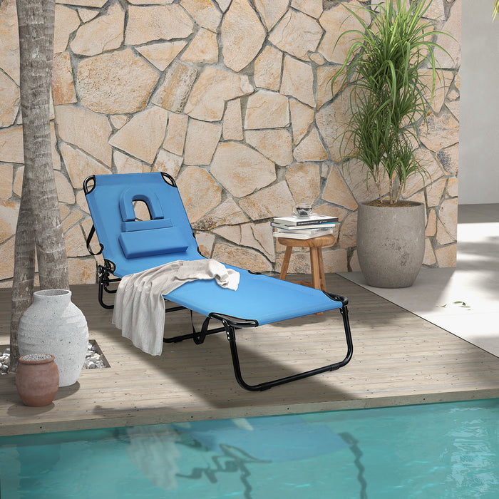 Blue Folding Chaise Lounge Chair with Face Hole - Outdoor Relaxation Chair with Removable Pillows - Ideal for Beach Days and Sunbathing