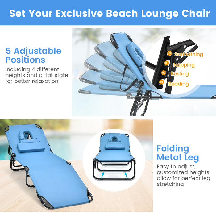 Blue Folding Chaise Lounge Chair with Face Hole - Outdoor Relaxation Chair with Removable Pillows - Ideal for Beach Days and Sunbathing