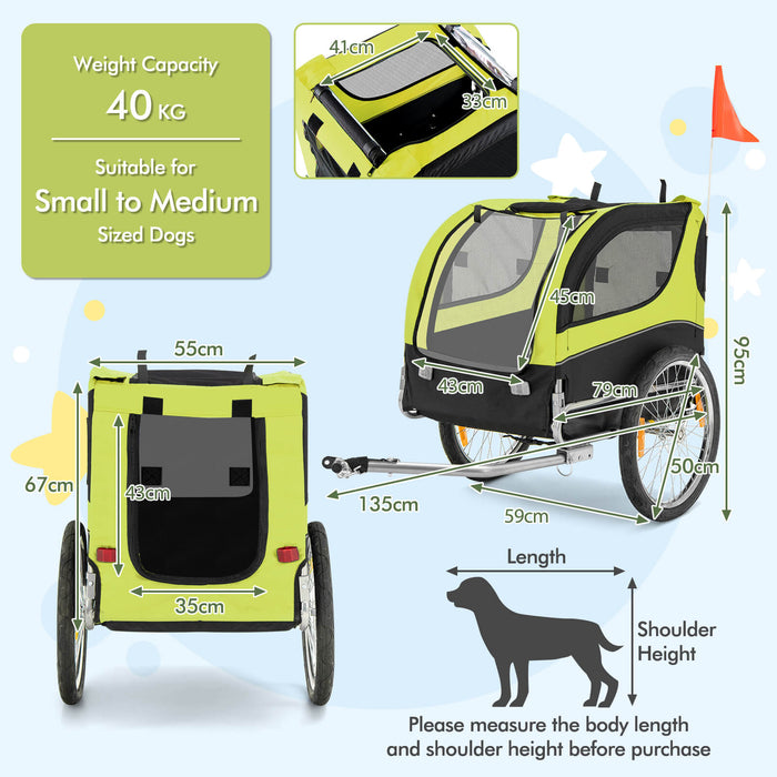 Bike Pet Trailer with Foldable Design - Green Carrier with 3 Zippered Entrances and 8 Reflectors - Ideal for Transportation of Pets on Cycling Trips