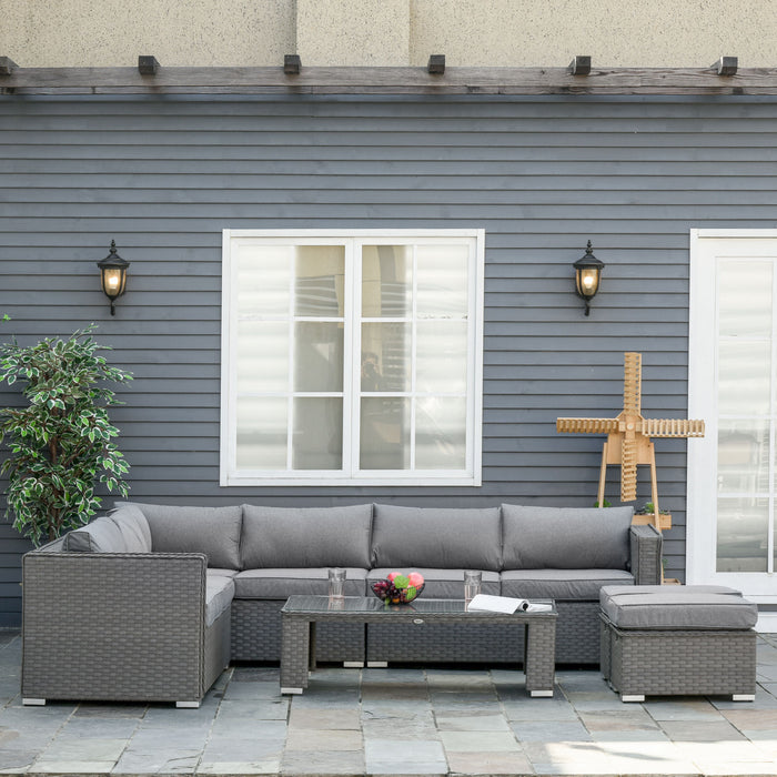 8-Seater PE Rattan Garden Sofa Set - Outdoor Corner Wicker Ensemble with Coffee Table & Footstool, Grey - Perfect for Patio and Conservatory Spaces