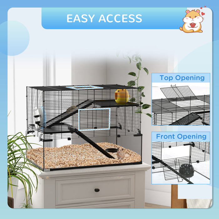 3-Tier Hamster & Gerbil Habitat - Deep Glass Bottom, Non-Slip Ramps, and Exercise Platforms with Hut & Wheel - Ideal for Syrian & Dwarf Hamsters