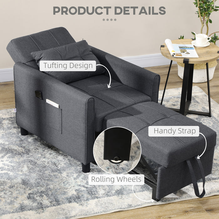 Convertible Folding Sofa Bed - 3-in-1 Single Sleeper with Adjustable Backrest & Extra Pillow - Space-Saving Chair for Living Room with Side Storage Pocket