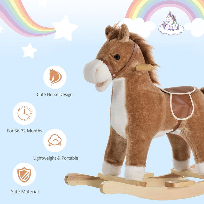 Plush Rocking Horse with Sound Features - Sturdy Brown Children's Ride-On Toy - Ideal for Enhancing Motor Skills and Playtime Fun