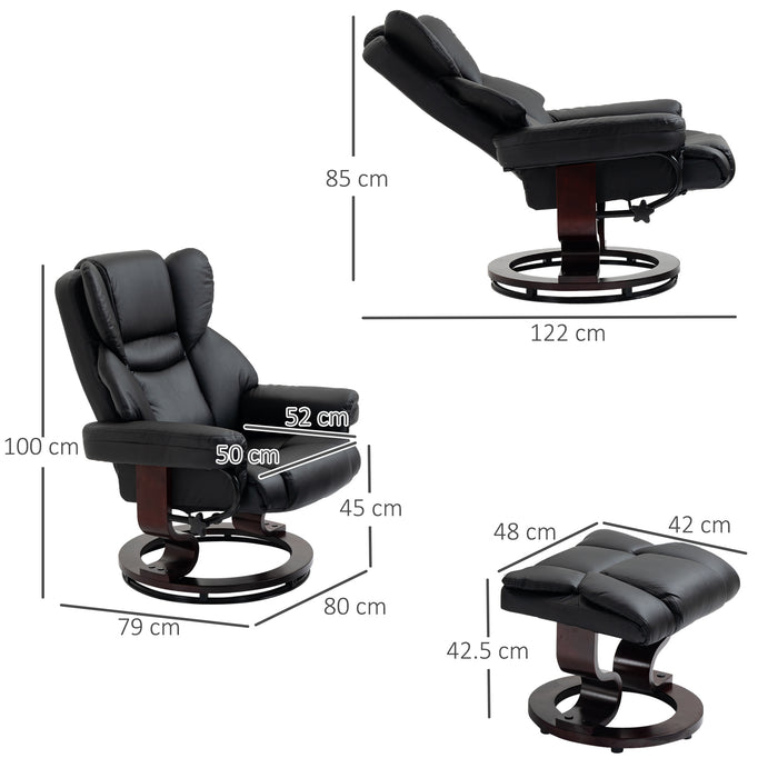 Reclining Swivel Armchair with Footstool - Padded PU Leather Manual Recliner, Metal Frame with Bentwood Base - Comfortable Seating Solution for Relaxation in Black