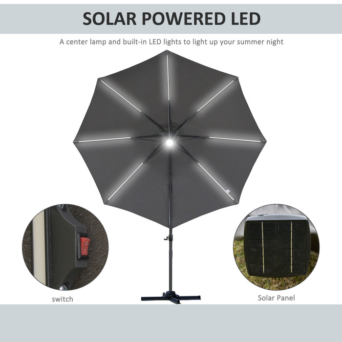 Cantilever Roma Umbrella with LED Solar Light - 3m Outdoor Patio Sun Shade, Cross Base, 360° Rotation, Grey - Ideal for Garden Illumination and Protection