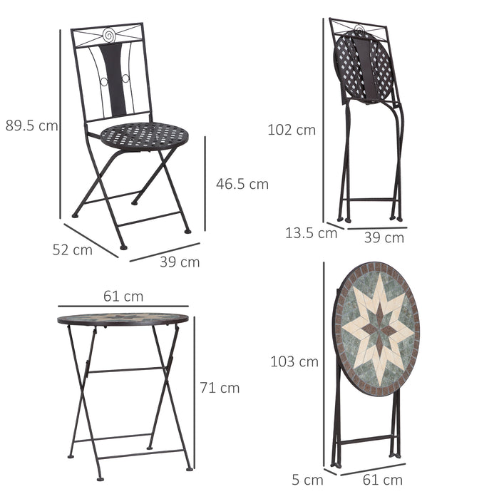 3-Piece Patio Bistro Set - Mosaic Tabletop, Foldable Armless Chairs, Metal Frame - Ideal for Garden & Poolside Coffee Breaks