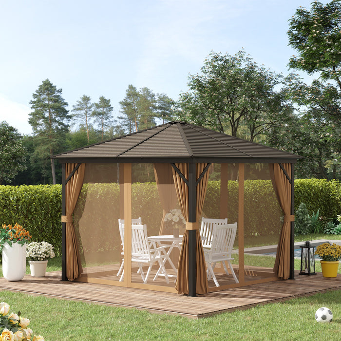 Aluminium Patio Gazebo 3x3 Meters - Hardtop Metal Roof Canopy with Mesh Curtains & Side Walls, Brown - Elegant Outdoor Shelter for Garden Parties & Events