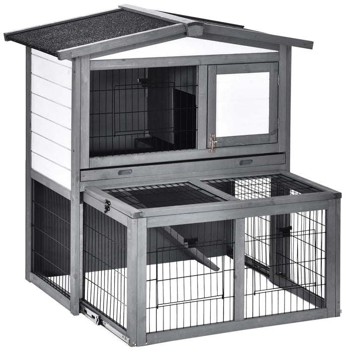 2-Tier Fur Wood Rabbit Hutch - Weatherproof Outdoor Pet Shelter in Grey - Ideal for Bunny Safety and Comfort