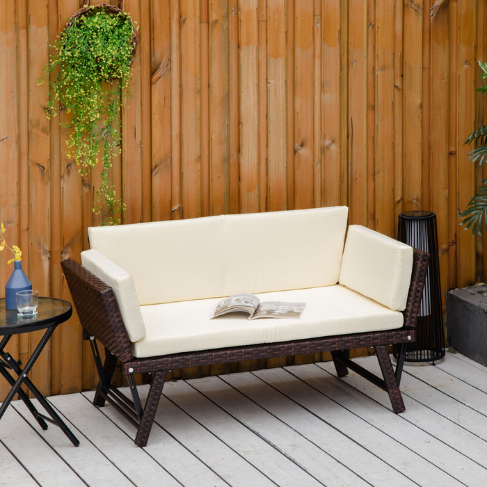 2-Seater Rattan Daybed Sofa - Folding Garden Chaise Loveseat with Cushion, Brown - Ideal for Patio Relaxation and Comfort