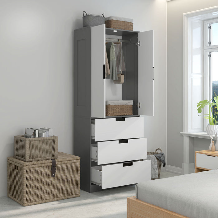 Modern 2-Door Wardrobe with 3 Drawers and Hanging Rod - Bedroom Storage Solution in Elegant Grey - Ideal for Organizing Clothes and Accessories