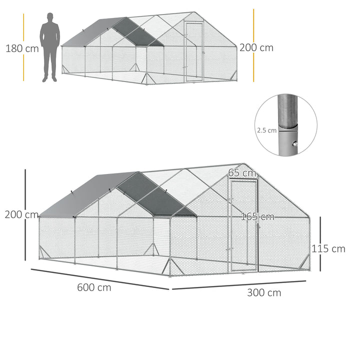 Galvanised Walk In Chicken Enclosure - Durable 6x3x2m Run with Weatherproof Cover, Silver - Ideal for Backyard Poultry Safety and Space