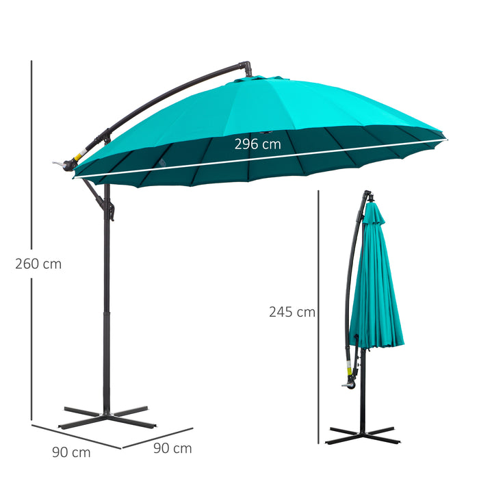 Cantilever Shanghai Parasol - 3m Outdoor Hanging Banana Sun Umbrella with Easy Crank Handle, 18-Sturdy Ribs, Cross Base - Ideal for Garden Shade & Sun Protection, Turquoise