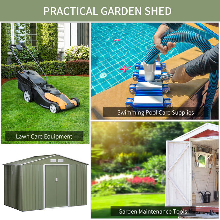 9x6 ft Metal Garden Shed - Corrugated Steel Roof, Ventilated Storage Unit with Foundation and Doors - Ideal for Tool Organization & Outdoor Equipment Protection, Light Green