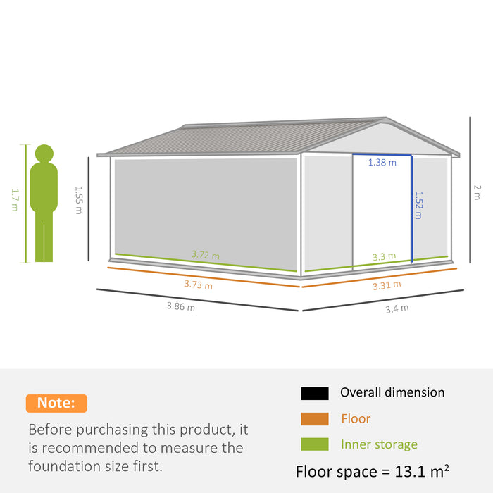 Metal Storage Shed 13x11ft - Outdoor Garden Organizer with Foundation, Ventilation, and Doors - Spacious Solution for Tools and Equipment Storage, Light Grey