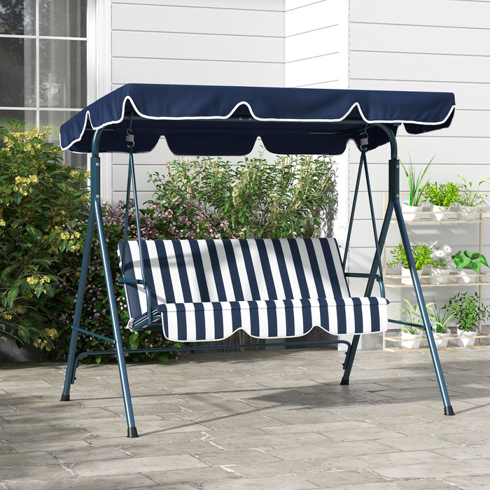 3-Seat Swing Chair - Adjustable Canopy Garden Swing Seat for Patio in Blue and White - Ideal for Relaxing Outdoors