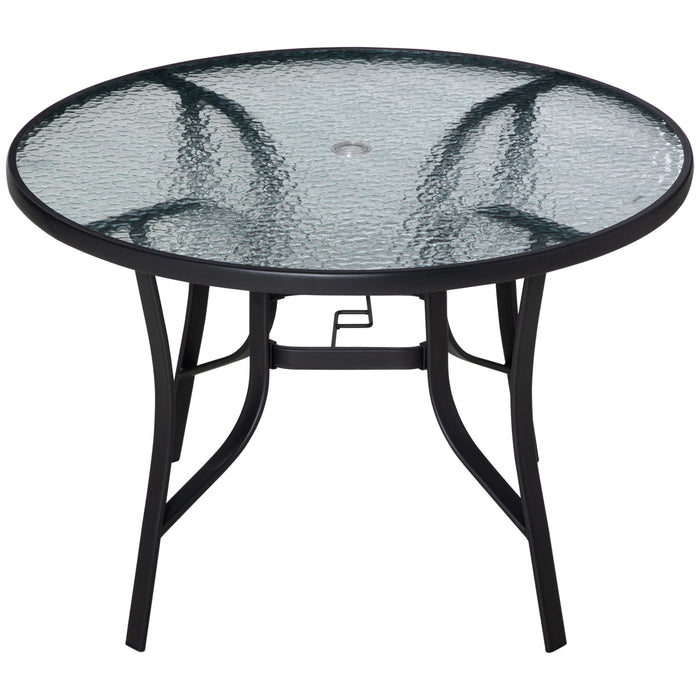 Round 106cm Outdoor Dining Table with Tempered Glass Top - Steel Frame and Parasol Hole - Ideal for Garden Patio Entertainment