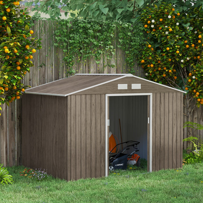 Metal Storage Shed 9x6 ft - Outdoor Garden Tool House with Ventilation, Foundation, Lockable Doors - Secure Brown Storage Solution for Tools and Equipment