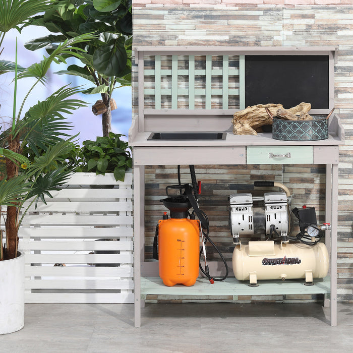 Garden Potting Station with Storage - Wooden Work Bench with Drawer & Shelves for Planting and Tools - Ideal for Outdoor Gardening and Flower Enthusiasts