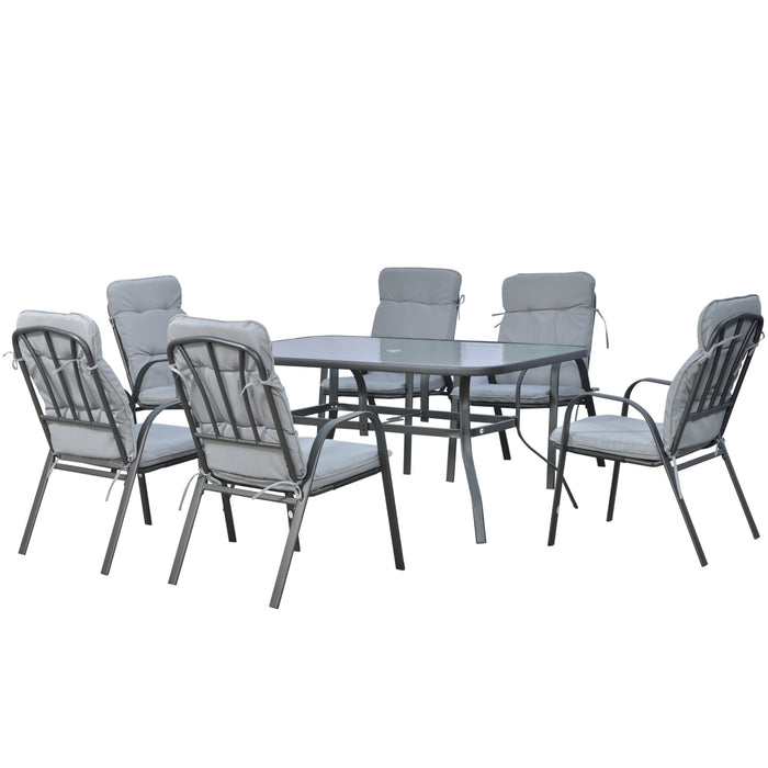 7-Piece Garden Dining Set - Outdoor Table with Tempered Glass Top & Umbrella Hole, 6 Black Cushioned Armchairs with Texteline Fabric - Elegant Patio Furniture for Al Fresco Dining