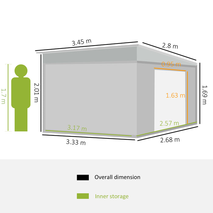 Metal Garden Storage Shed 11x9ft - Sloped Roof, Double Sliding Doors, Dual Air Vents, Grey - Ideal for Outdoor Tools and Equipment Shelter