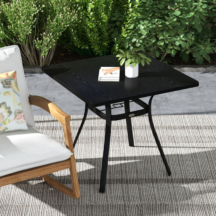 Sturdy Black Steel Garden Table with Metal Top - Foot Pads & Umbrella Hole for Outdoor Use - Ideal for Balcony & Porch Spaces