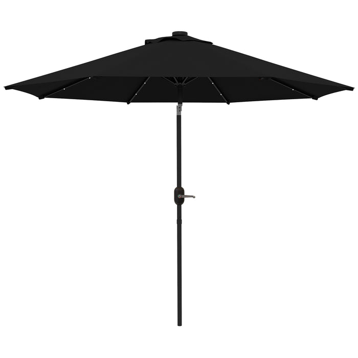 Outdoor Patio Umbrella - 2.7m Garden Parasol with Tilt and Crank Function, 24 LED Lights, in Black - Ideal for Nighttime Ambience & Sun Protection