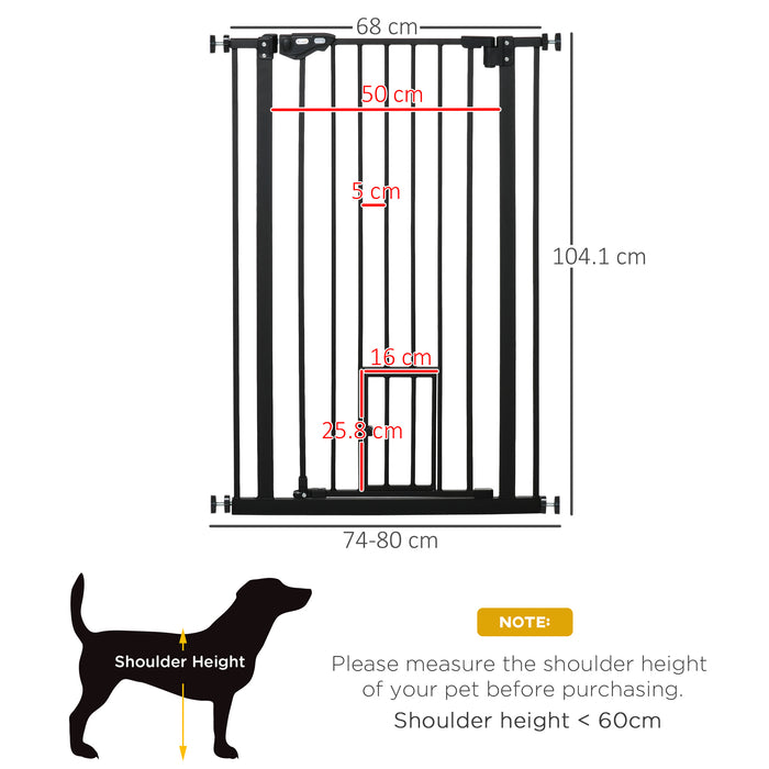 Extra Tall Pet Safety Gate with Cat Door - Doorway & Stair Protection with Auto Close and Double Locking - Ideal for Large Dogs & Small Pets, 104cm Height, 74-80cm Adjustable Width, Black