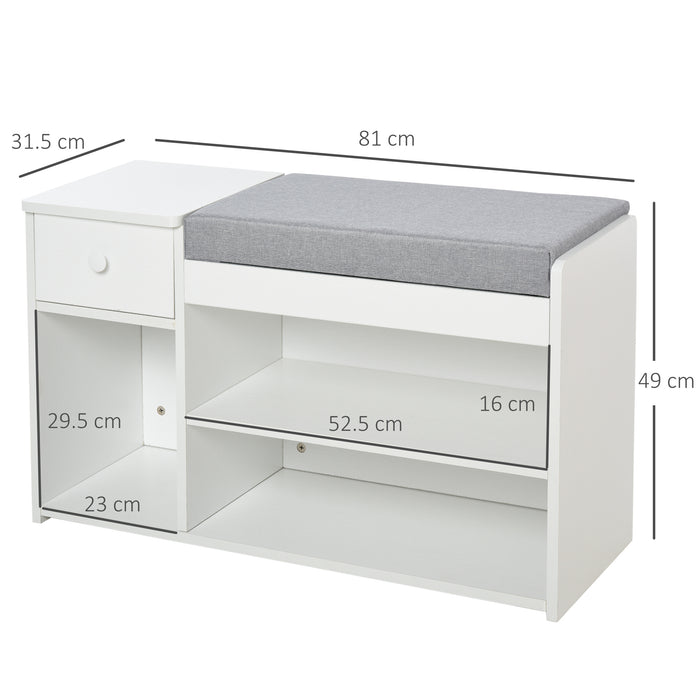 3-Compartment Shoe Bench with Cushion and Drawer - Home Organization, Multi-Storage Solution - Ideal for Tidy Entryway and Hallway Spaces in White