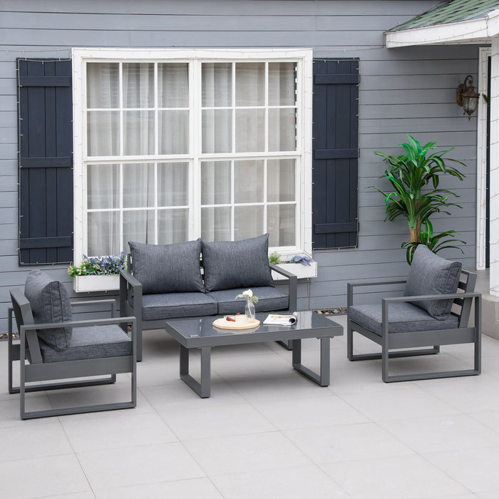 Aluminium Outdoor Lounge Set - 4 Piece Sofa with Coffee Table and Padded Cushions, Dark Grey Olefin Cover - Perfect for Patio and Garden Entertaining