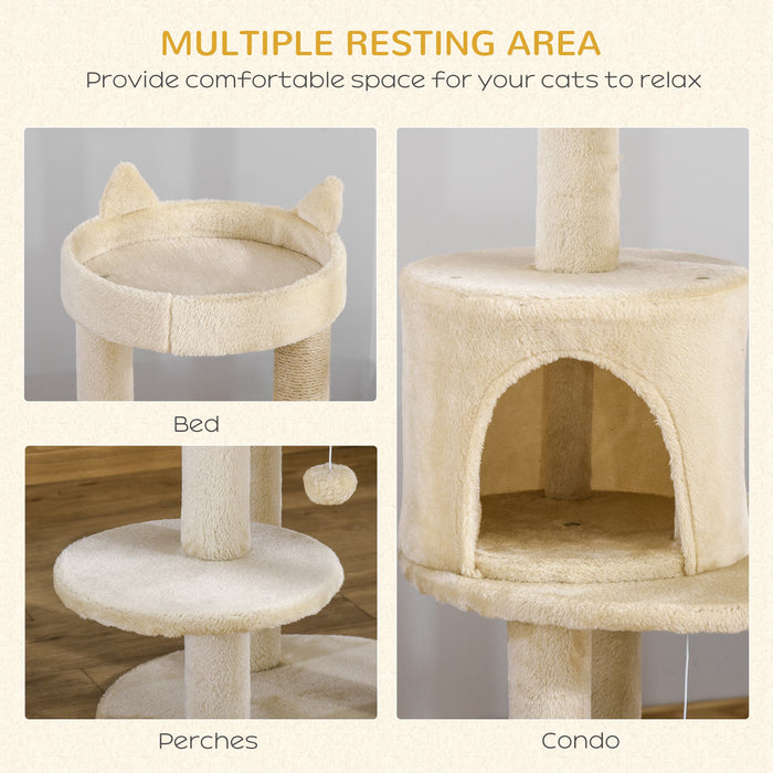 Sisal-Covered Cat Tree Tower - Beige Scratching Post and Activity Center, 48x48x104cm - Ideal for Active Cats and Scratch Training