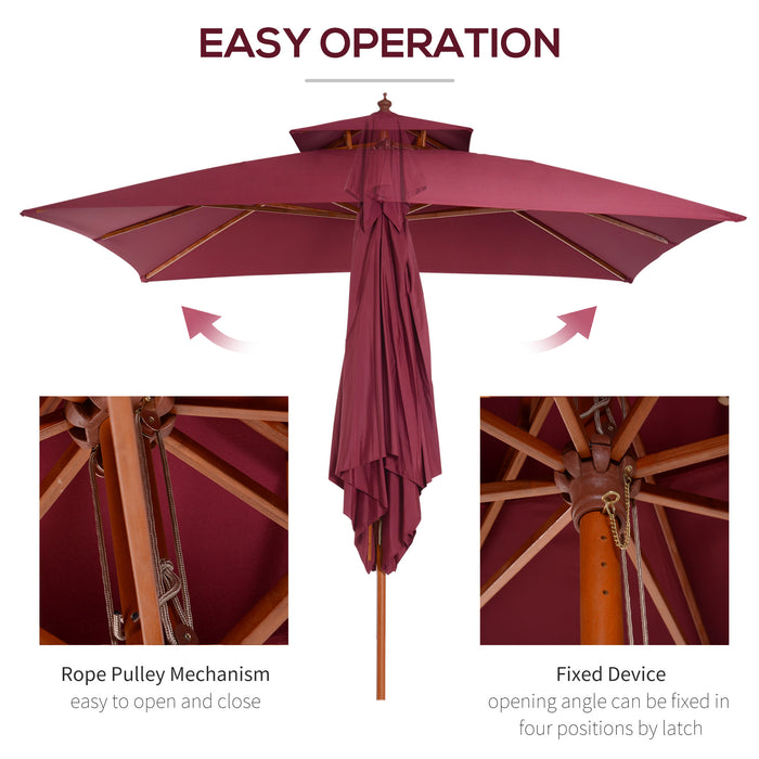 3M Bamboo Patio Umbrella - Wine Red Outdoor Parasol - Elegant Sunshade for Garden, Deck, and Patio