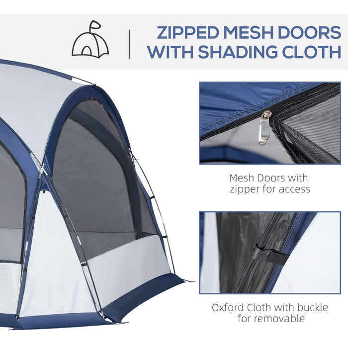 6-8 Person Dome Camping Tent - 4 Zipped Mesh Doors, Removable Polyester Cloth, Lamp Hook - Spacious Family Shelter with Portable Carry Bag, White & Blue