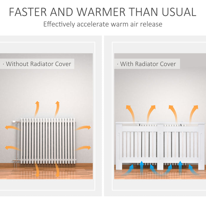 Radiator Cabinet with Slatted Design - White Painted MDF with Lined Grill, 152x19x81cm - Elegant Home Heating Protection & Decor Enhancement